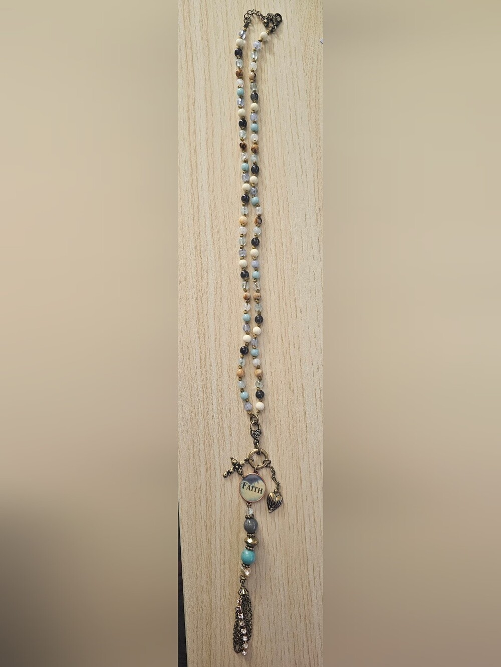 Boho Faith Beaded Necklace Antique Brass Tone Faith Charm with heart and cross